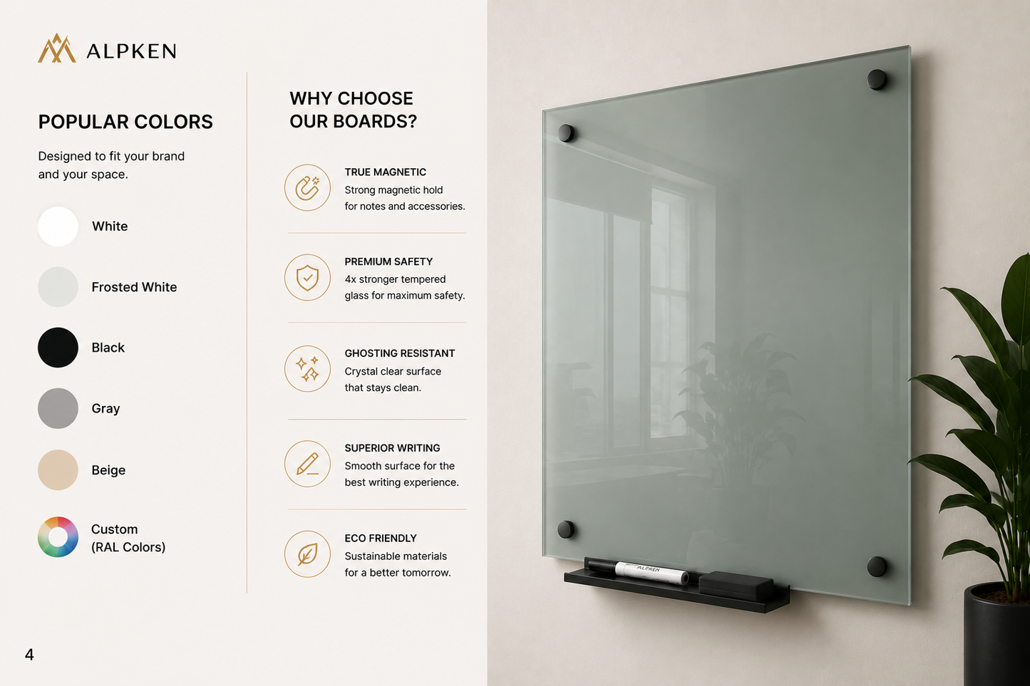Premium Magnetic Glass Whiteboard | Frameless Tempered Dry Erase Board | Custom RAL Colors & Sizes