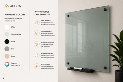 Premium Magnetic Glass Whiteboard | Frameless Tempered Dry Erase Board | Custom RAL Colors & Sizes