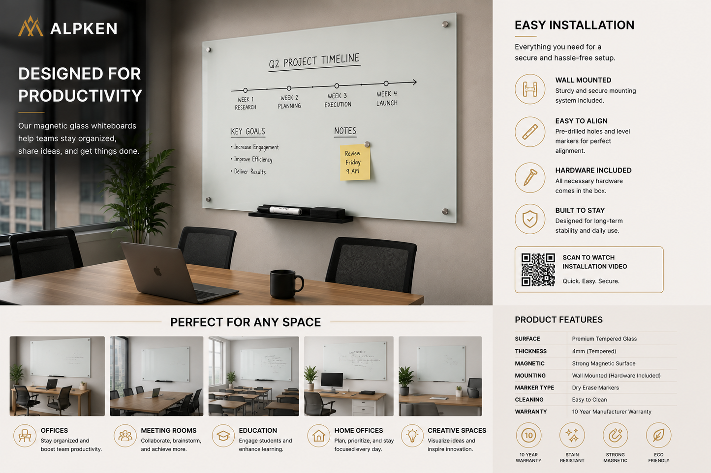 Premium Magnetic Glass Whiteboard | Frameless Tempered Dry Erase Board | Custom RAL Colors & Sizes
