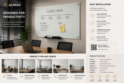Premium Magnetic Glass Whiteboard | Frameless Tempered Dry Erase Board | Custom RAL Colors & Sizes